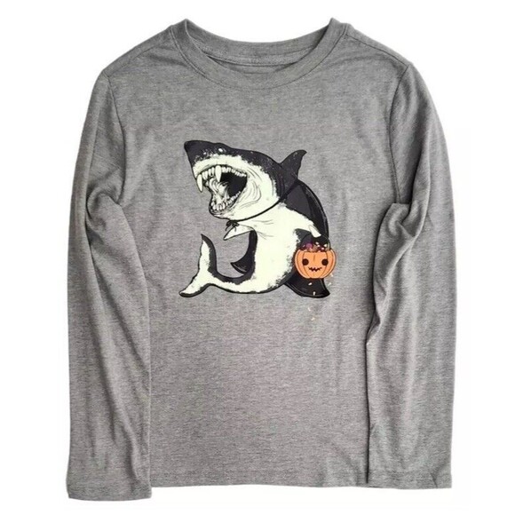 Glow In The Dark Shark Trick or Treat Halloween T-Shirt Size XL (14) Long Sleeve - Picture 2 of 5